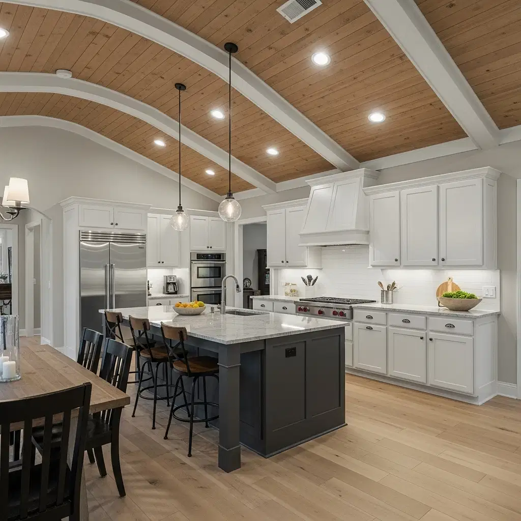 Remodeled kitchen with white cabinets, marble island and wood plank ceiling