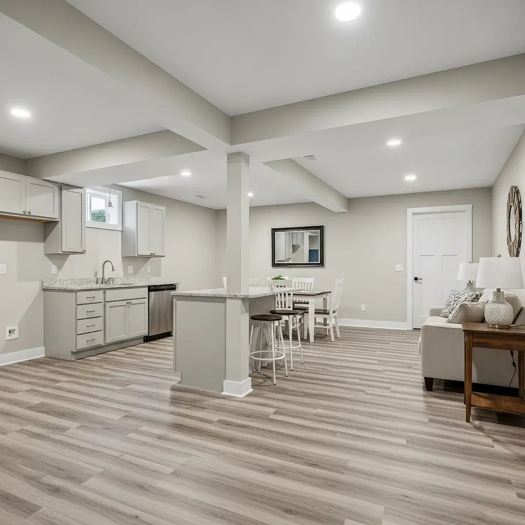 Finished basement with wet bar, dining area and plank flooring